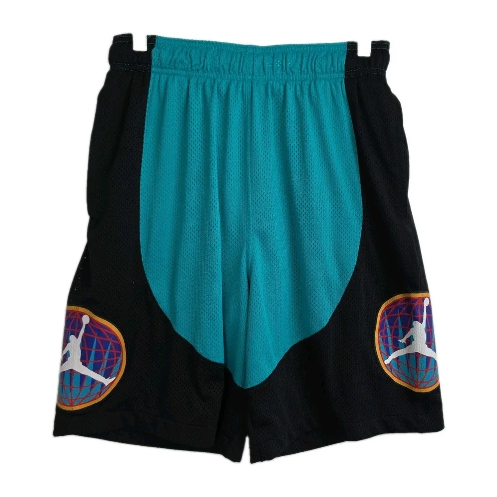 Air Jordan Athletic Shorts Men's M Black/Teal Elastic Waist Drawstring Big Logos